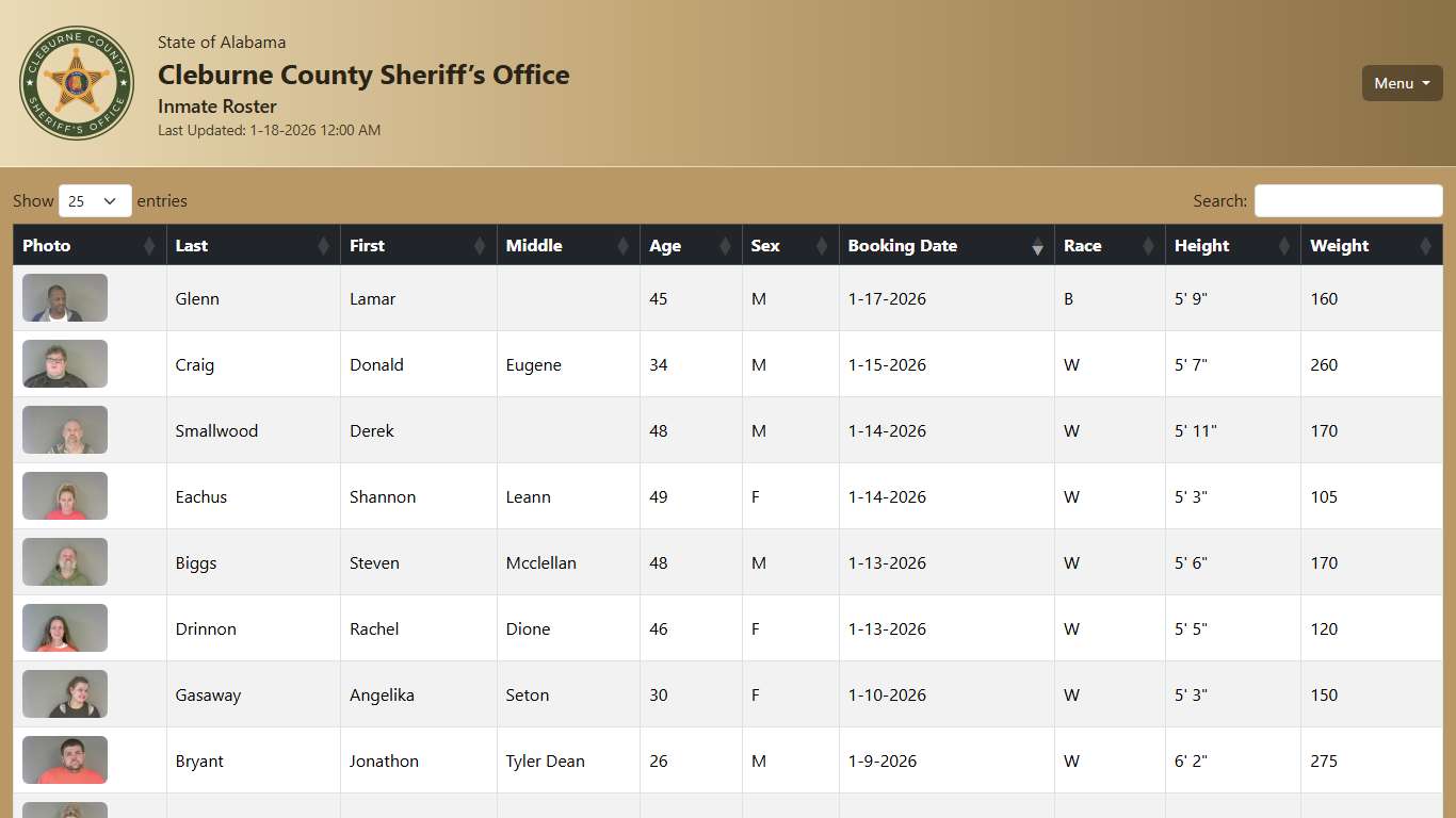 Cleburne County Sheriff’s Office — Inmate Roster